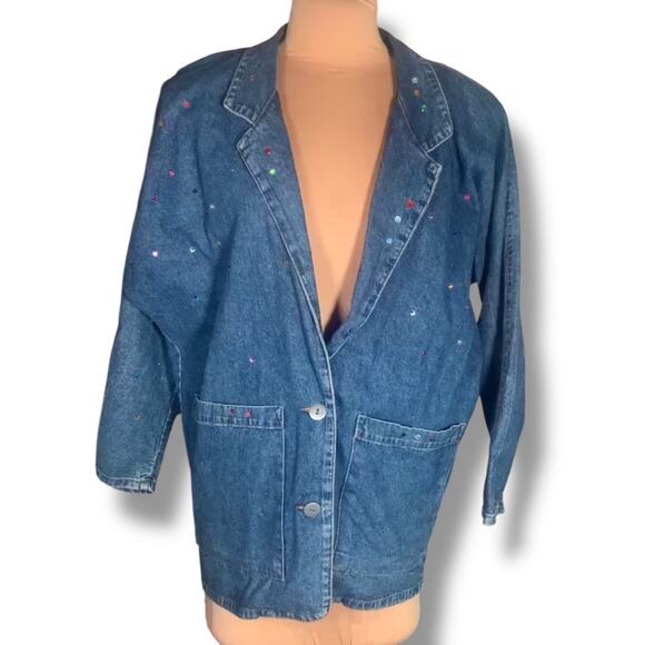 Vintage 90s Match Denim Blazer Jacket Oversized Rhinestone Sequin Jean Coat - Picture 11 of 11